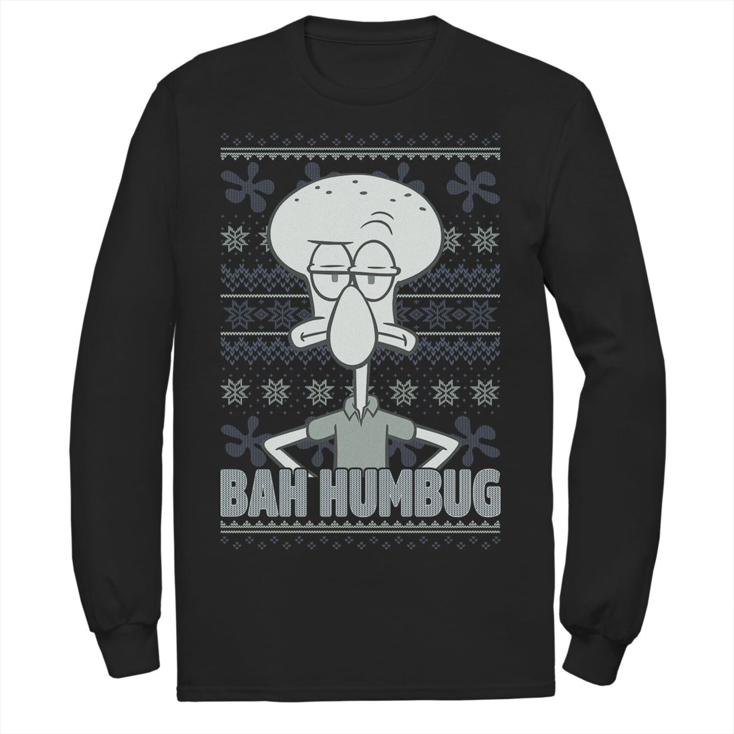 

Мужская футболка SpongeBob SquarePants Squidward Bah Humbug Ugly Christmas с длинными рукавами и цветами, Nickelodeon, черный