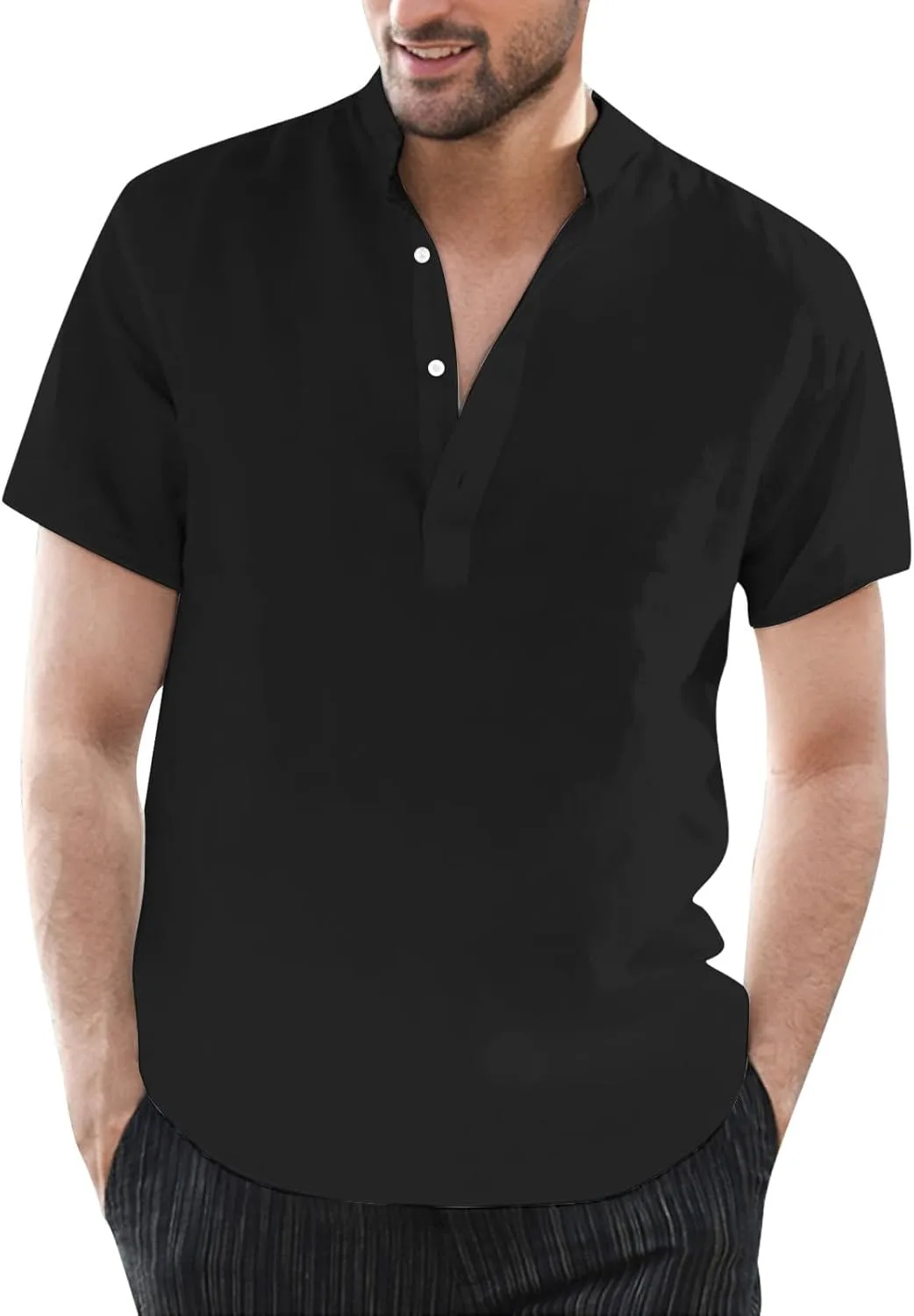 

Мужская легкая хлопковая льняная футболка с коротким рукавом Henley ESKNAS