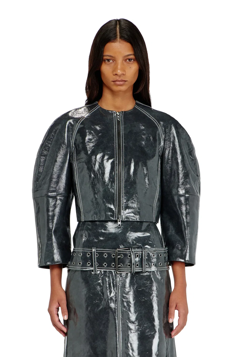 Куртка из лакированной кожи с рукавами-коконами Diesel, Grey