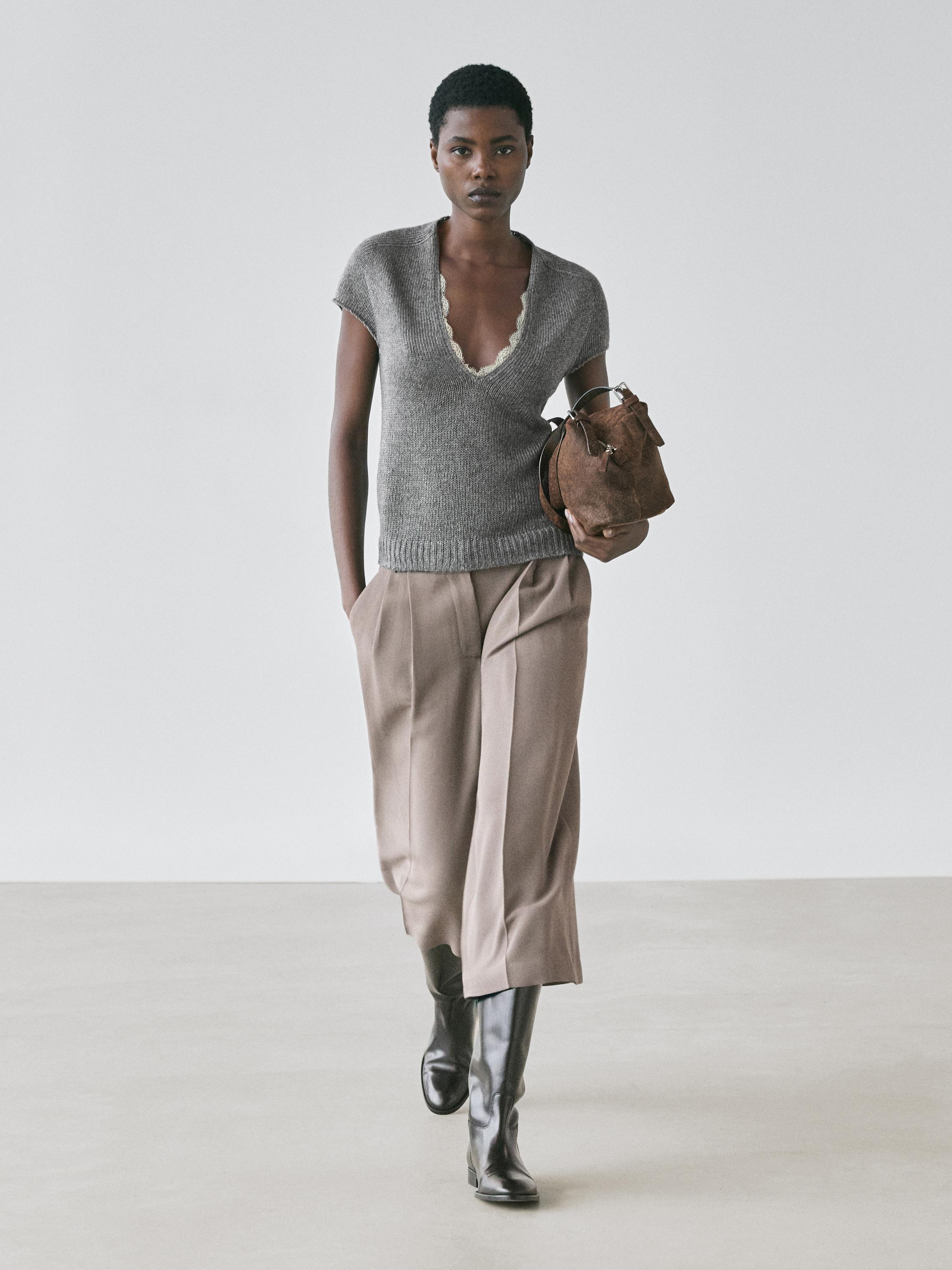 

Вязаный свитер с коротким рукавом и кружевной отделкой Massimo Dutti, medium grey