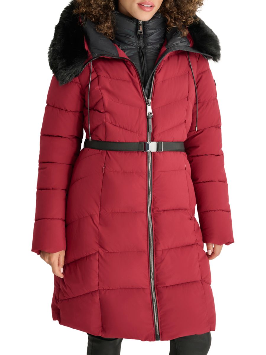 

Длинное стеганое пальто Missy из искусственного меха с нагрудником DKNY, красный