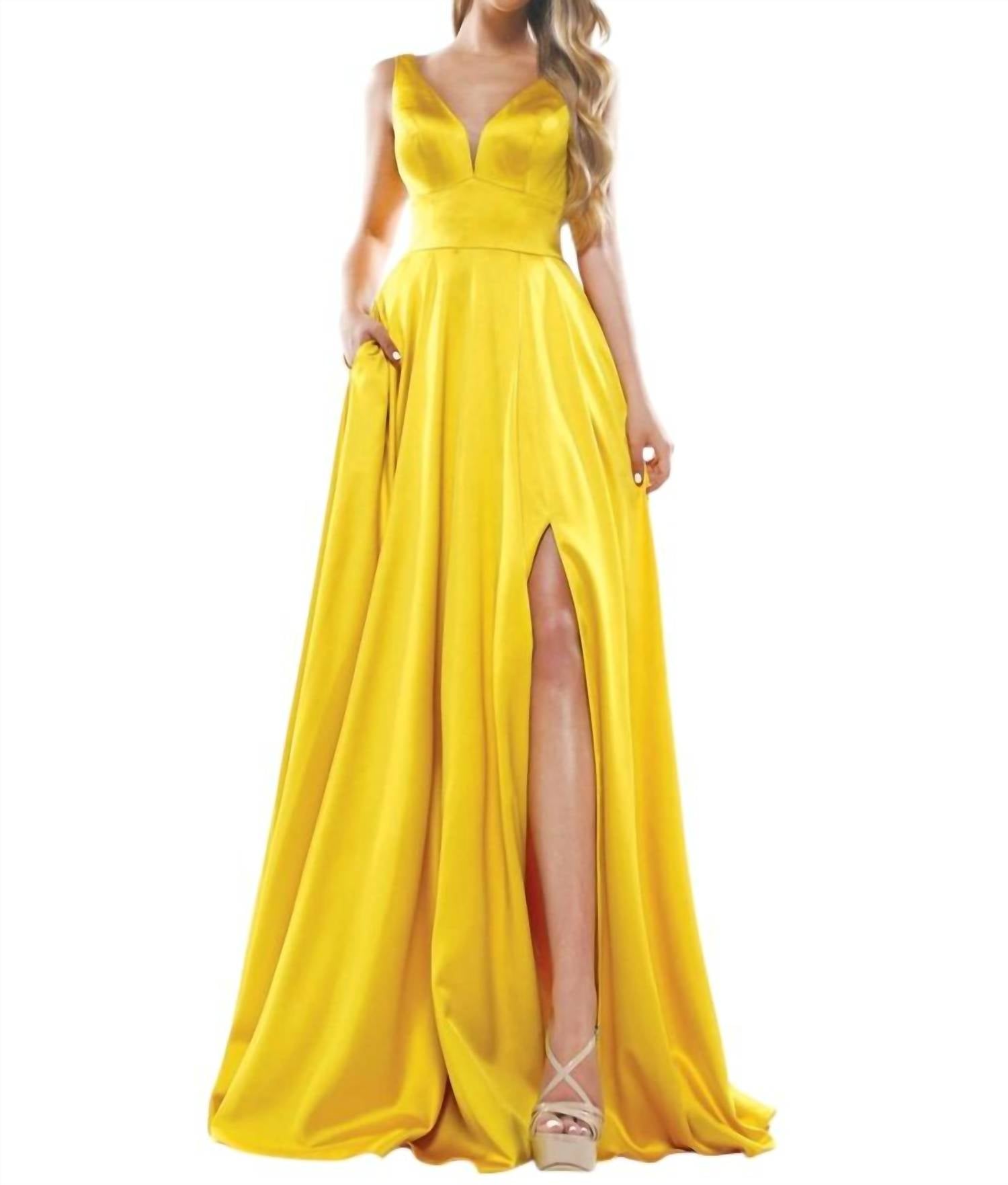 

Атласное платье А-силуэта с глубоким V-образным вырезом желтого цвета COLORS DRESS