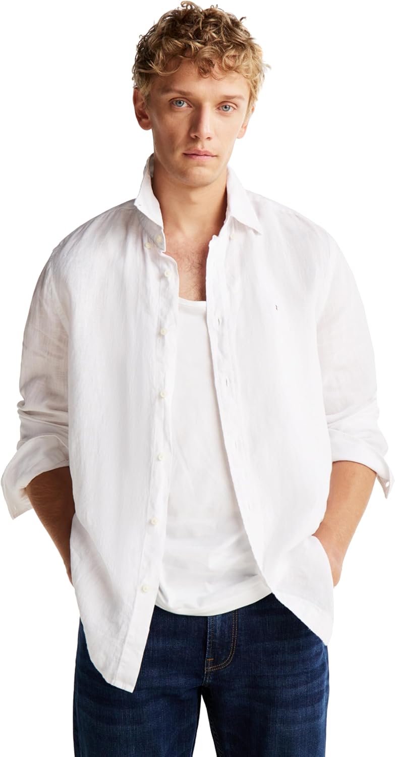

Мужские повседневные льняные рубашки Tommy Hilfiger с длинным рукавом и застежкой на пуговицы, классический крой, Optic White