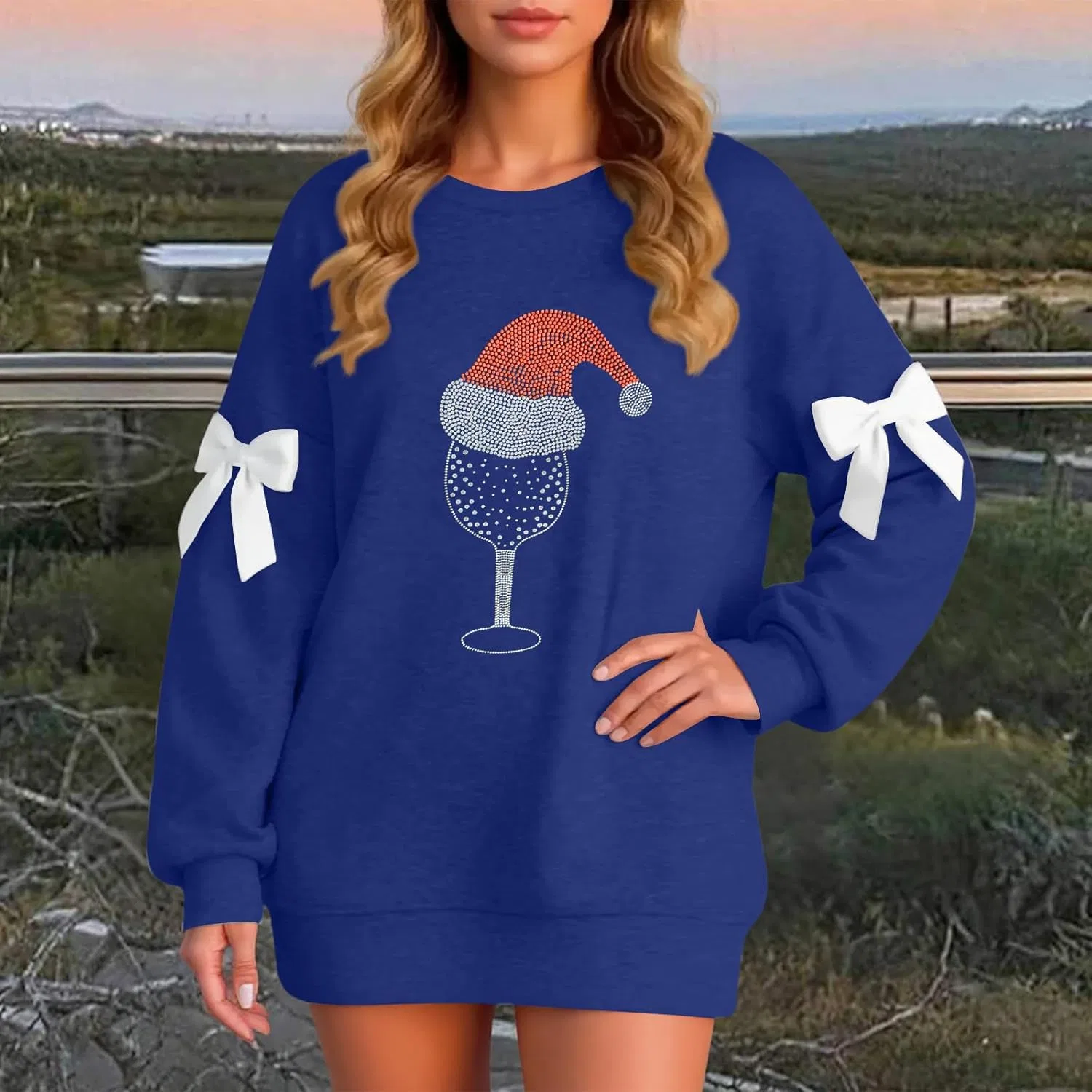 Женская блуза с принтом Санта-Клаус, Christmas, длинный рукав, 2-dark Blue — фото 2