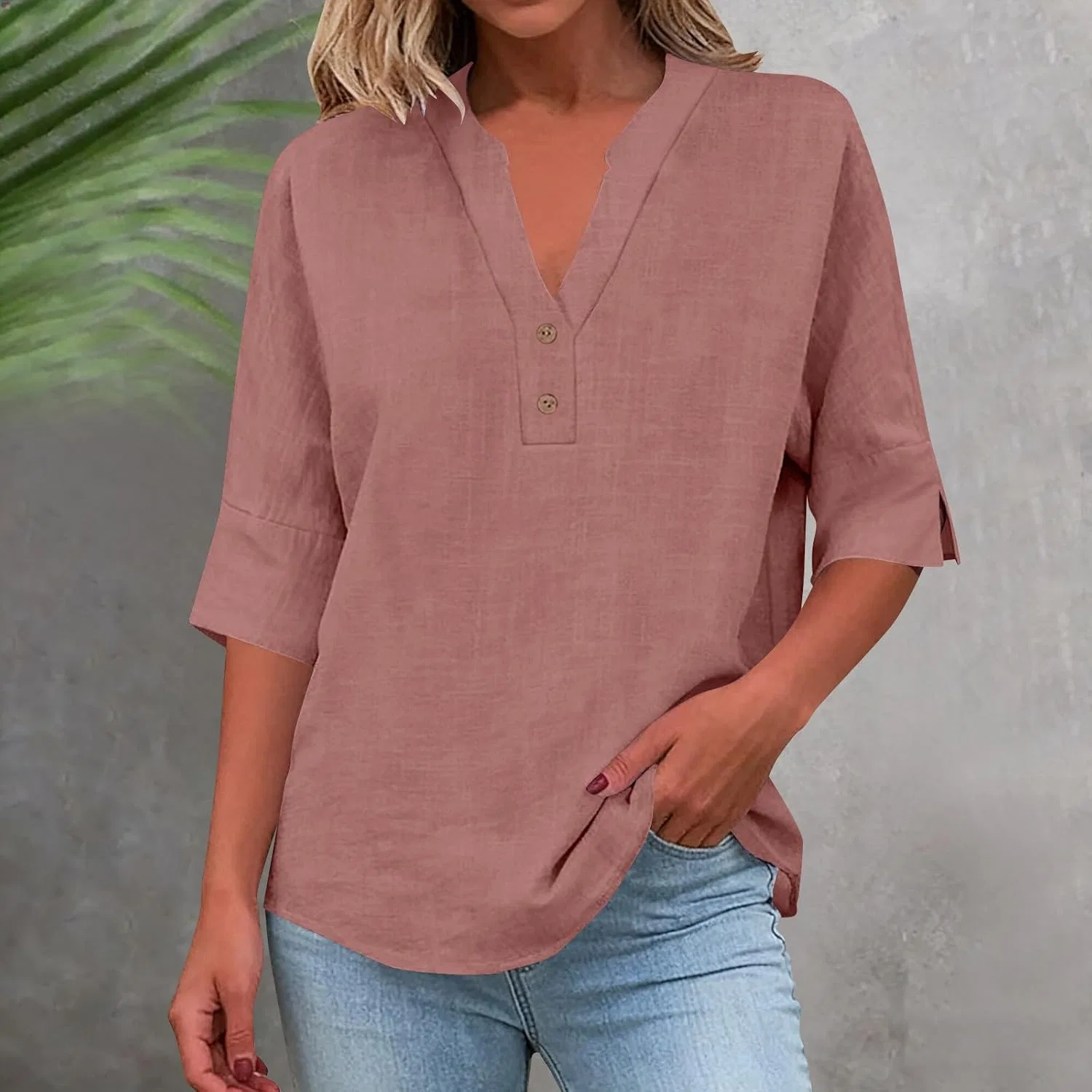 Блуза с V-образным вырезом, Cotton Linen, женская, Rose Gold — фото 2