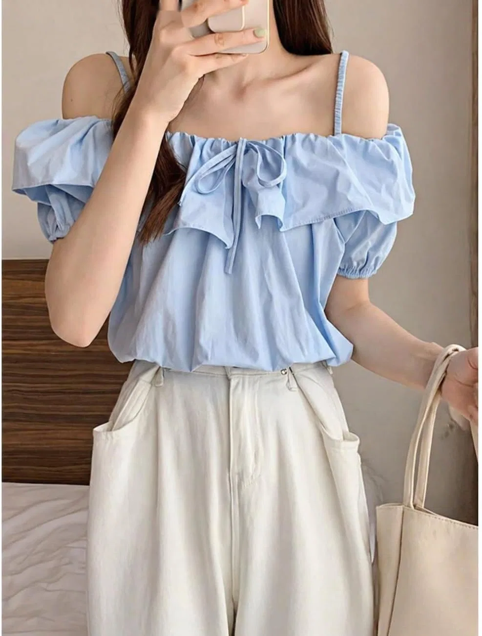 Блуза офф-шолдер с фриллами из коллекции Casual, синий — фото 4