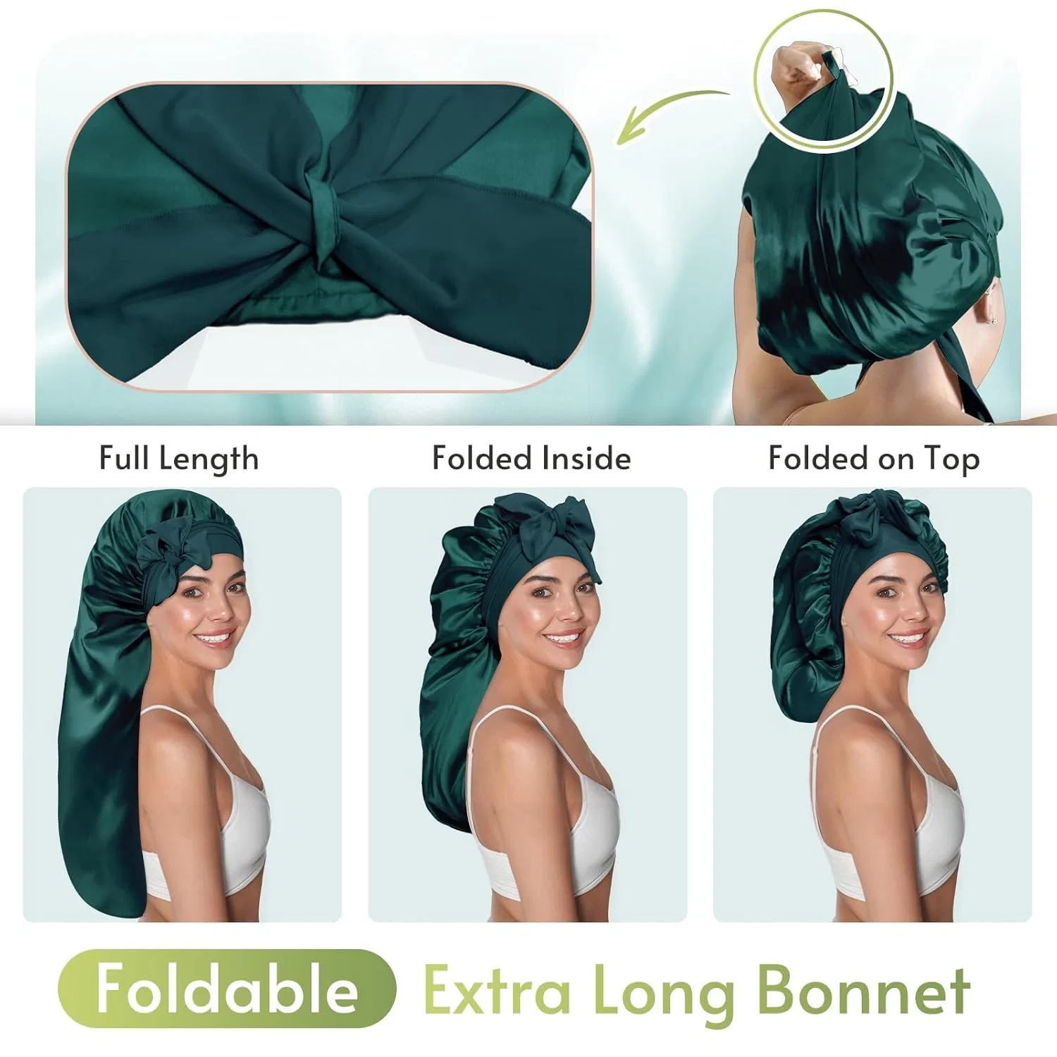 Длинный шелковый чепчик для сна BONNET QUEEN, темно-зеленый, L Bonnet Queen, Dark Green — фото 2