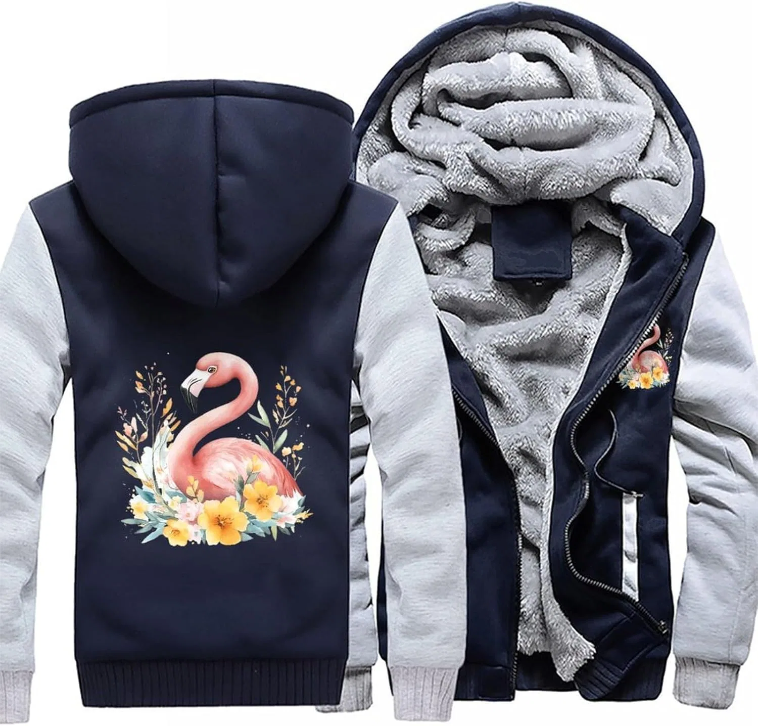 Толстовка на молнии Flamingos In The Floral Bush, мужская, светлый серый — фото 3