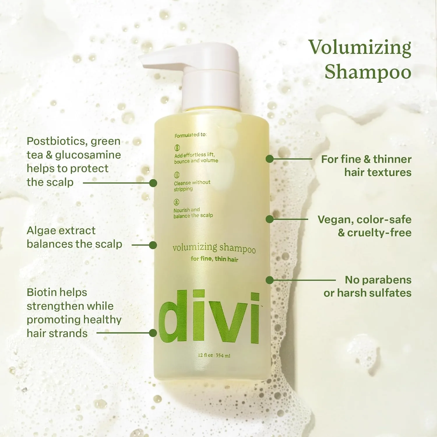 Шампунь Divi Volumizing для женщин и мужчин - легкий шампунь для придания объема тонким волосам - формула для очищения, питания и балансировки кожи головы. 355 мл (1 шт.), green — фото 2