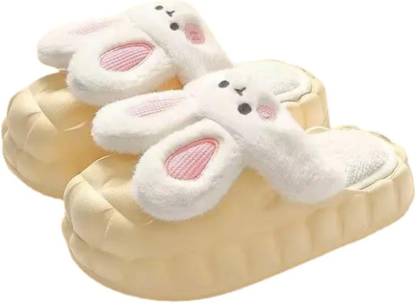 

Милые тапочки-кролики для взрослых женщин и мужчин, забавные плюшевые пушистые мягкие кавайные тапочки для дома и улицы, с нескользящей подошвой, теплые Elirar, желтый