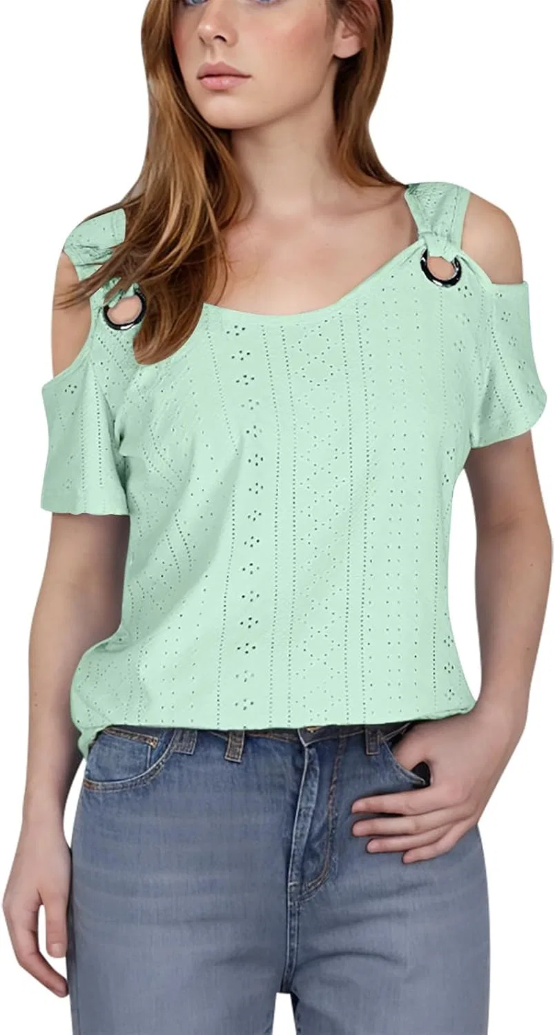 Футболка с вырезом горловины, кружевная, женская, Mint Green