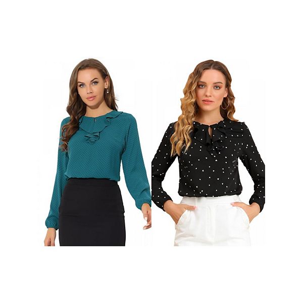 

2 упаковки блузки с длинным рукавом и рюшами на воротнике в горошек Inspire Chic, Black Hearts Blue Dots