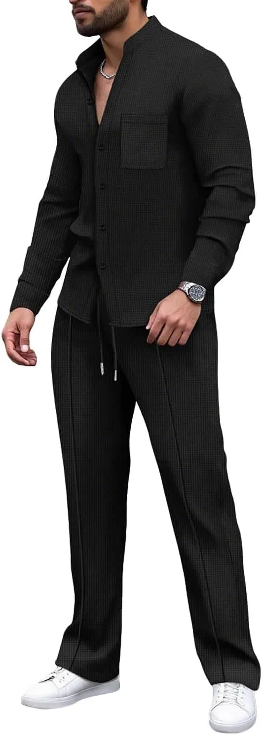 Мужской спортивный костюм из вафли, 2 предмета, Stand Collar, Black