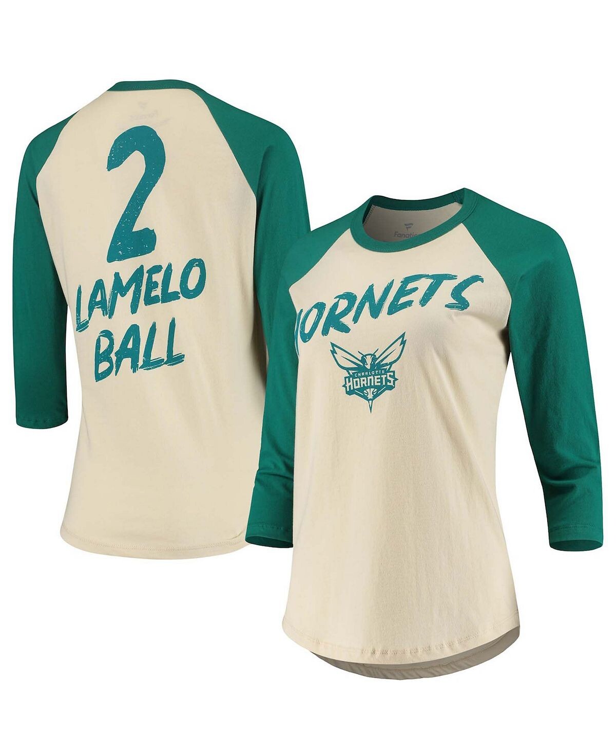 

Женская футболка LaMelo Ball Cream Charlotte Hornets NBA с рукавом 3/4 реглан Fanatics