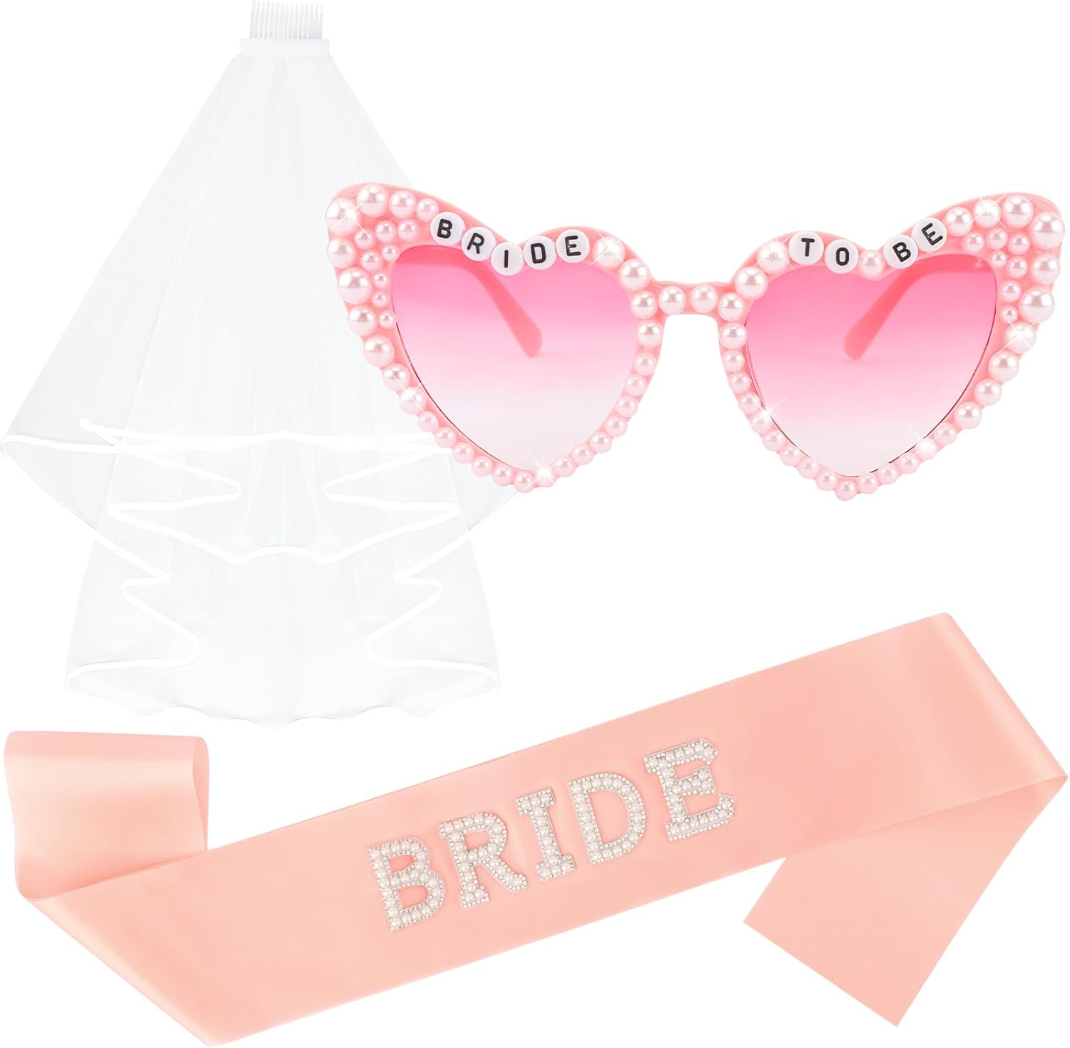 

Свадебный набор для невесты: солнцезащитные очки в форме сердца с жемчужной отделкой, жемчужный пояс BRIDE и тюлевая фата — свадебные аксессуары для девичника KICOSY, Rose Gold