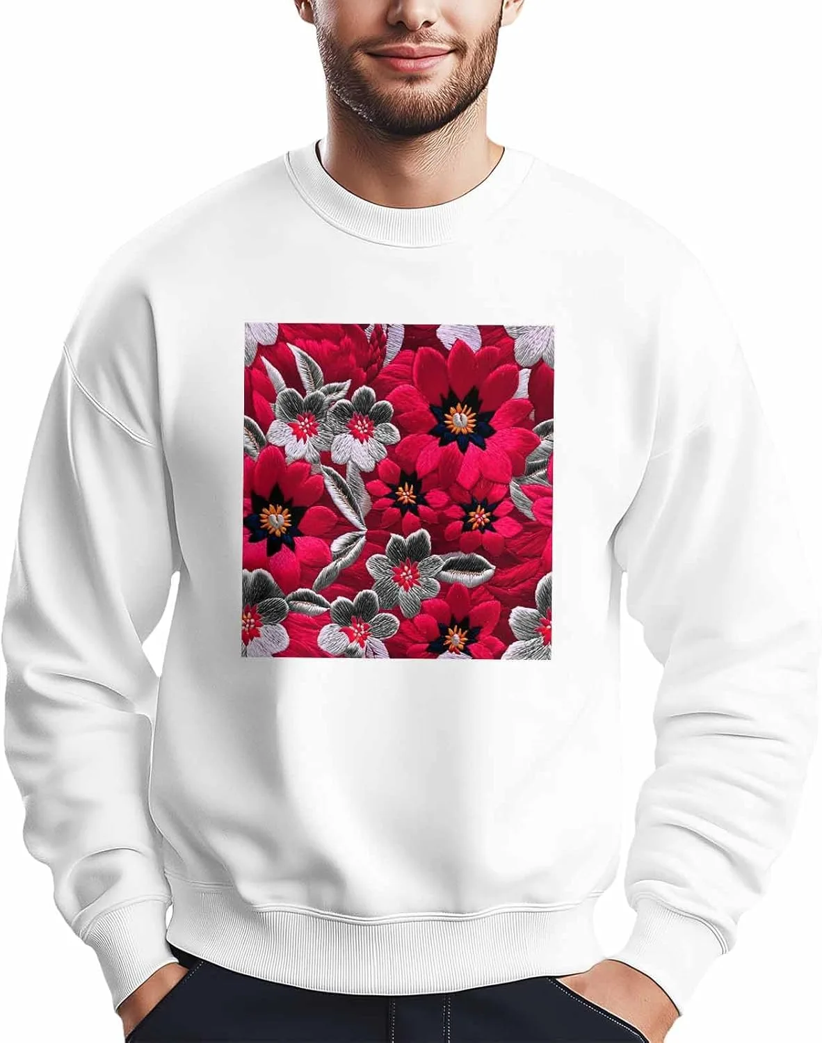 

Мужской свитшот с принтом красных цветов и растений, Crewneck, Long Sleeve Winvebermior