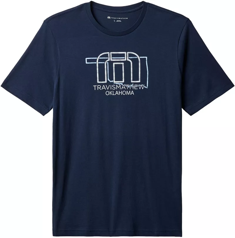 

Мужская футболка для гольфа TravisMathew Overthinking OK State с графическим рисунком, цвет Total Eclipse