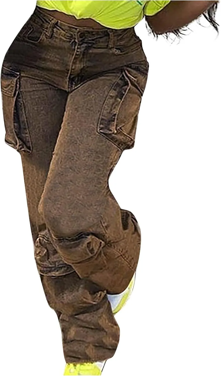 

XUNRYAN джинсовые карго для женщин, высокие, с множеством карманов