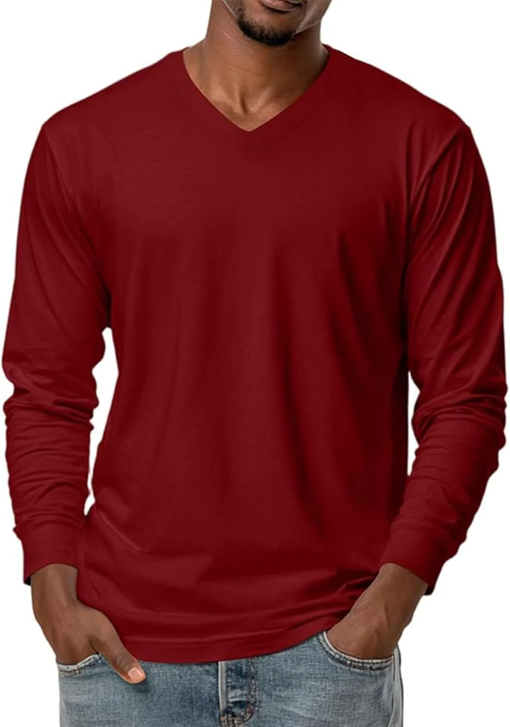 

Мужская футболка с длинным рукавом V-образным вырезом, свободного кроя, легкая и эластичная