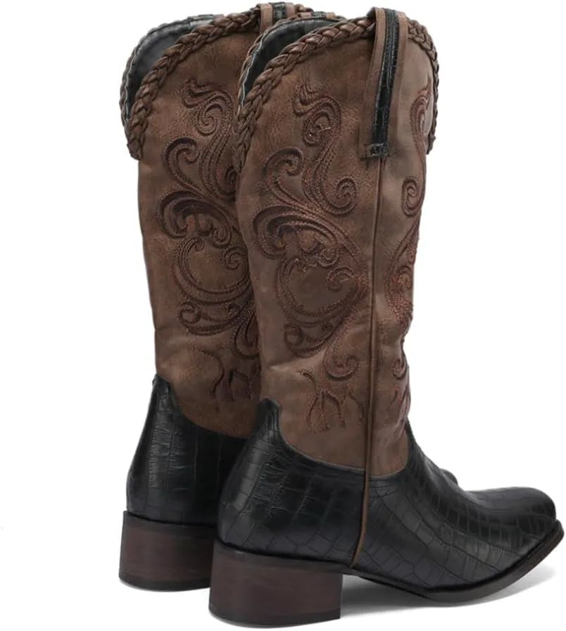 

Мужские ковбойские ботинки с квадратным носком, вышивкой и прочной западной отделкой, мужская обувь Generic, черный