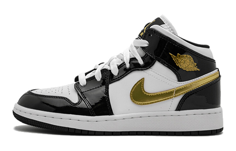 

Кроссовки Jordan 1 Mid Patent Black White Gold GS