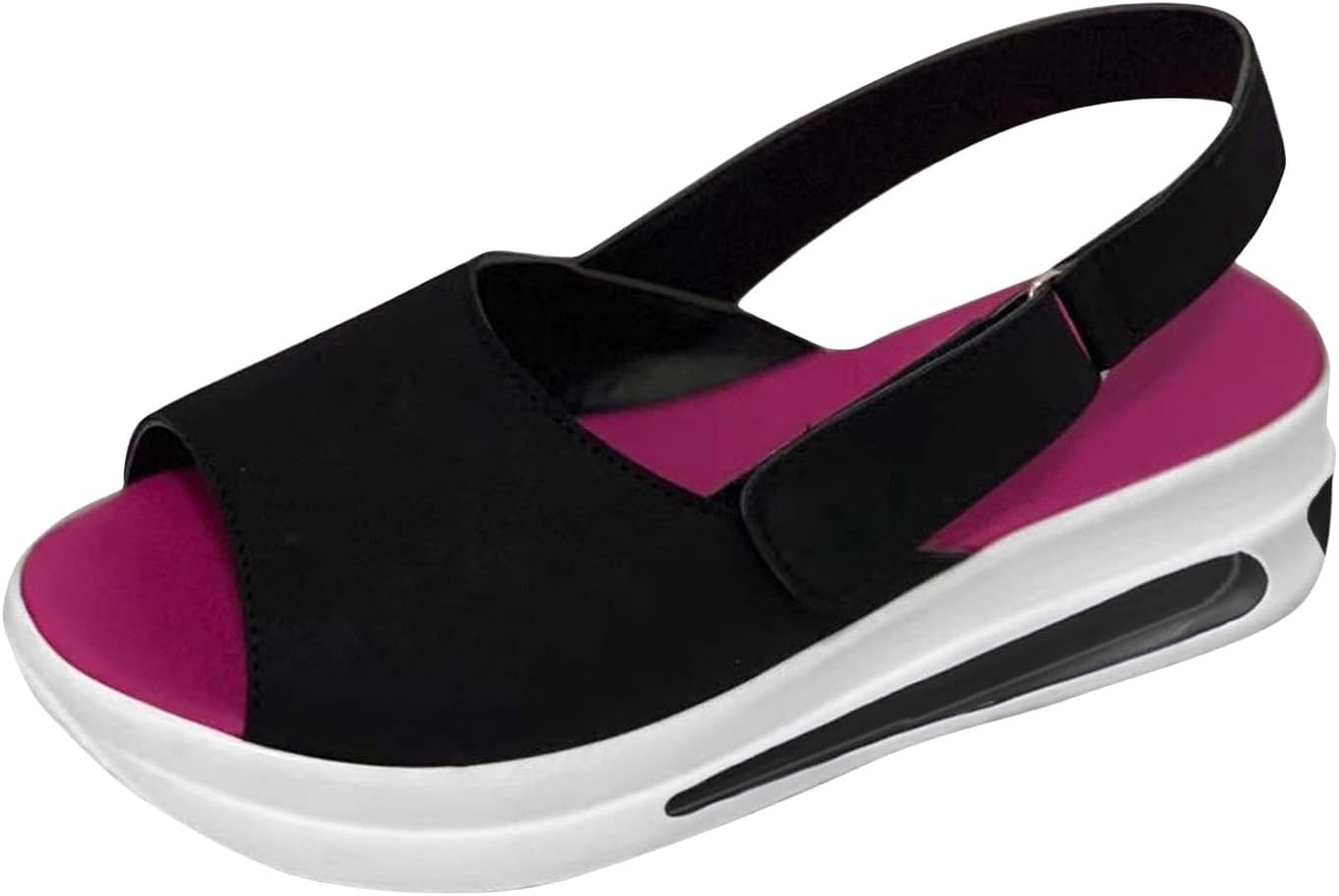 

Женские сандалии с ремешком сзади, летние удобные с открытым носком, сандалии на танкетке с ремешком на щиколотке и застежкой на крючок и петлю, повседневные нескользящие пляжные туфли на платформе, открытый носок, дышащие тапочки Generic, черны...