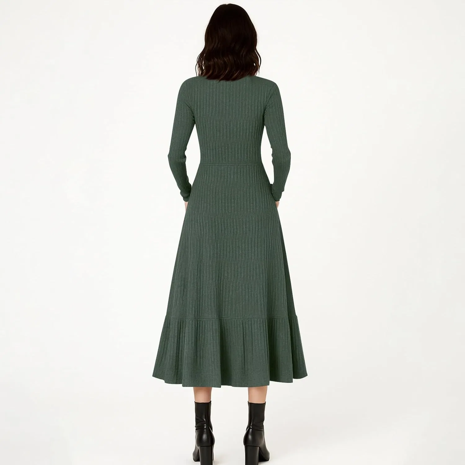 Женские платья 2025 Осень Повседневное платье с длинными рукавами, круглым вырезом, оборками по низу, миди, ребристое вязаное длинное платье-свитер — фото 4