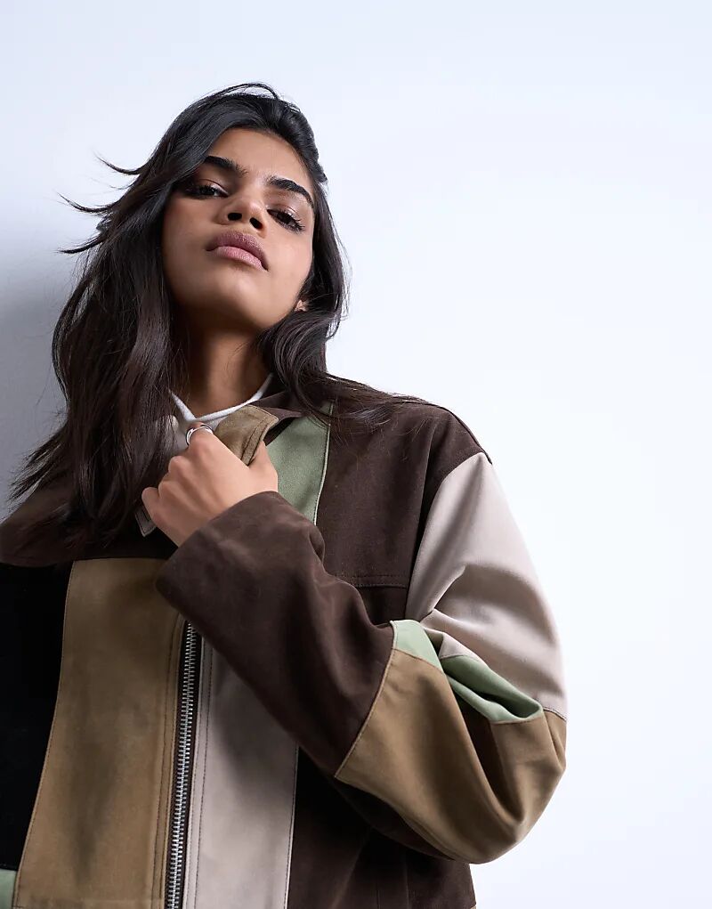 

Куртка Topshop из искусственной замши в стиле пэчворк на молнии, разноцветная