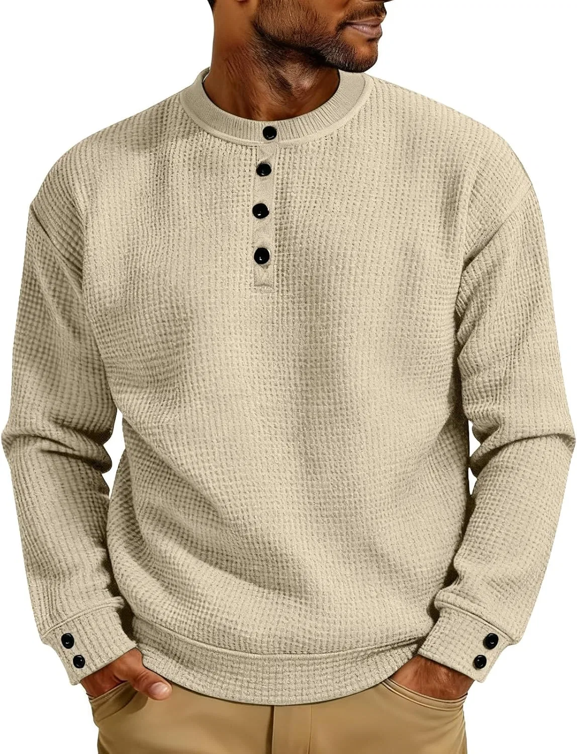 Мужская футболка с длинным рукавом, Waffle Henley, Beige