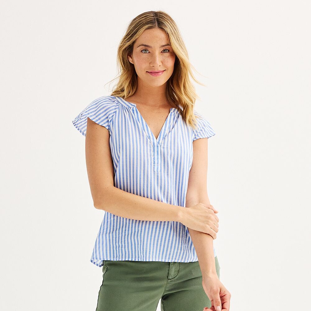

Женский топ Sonoma Goods For Life с V-образным вырезом и развевающимися рукавами, цвет River Blue Stripe