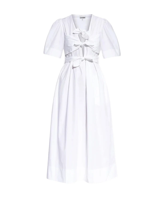 

Платье миди из эластичного хлопка с завязками на бретелях Ganni, белый