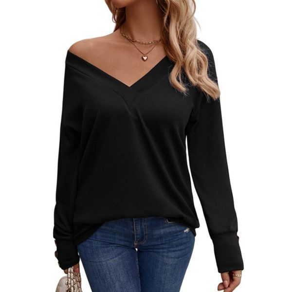 

Женский свитшот с длинным рукавом и V-образным вырезом, свободный и легкий Yesfashion, Black