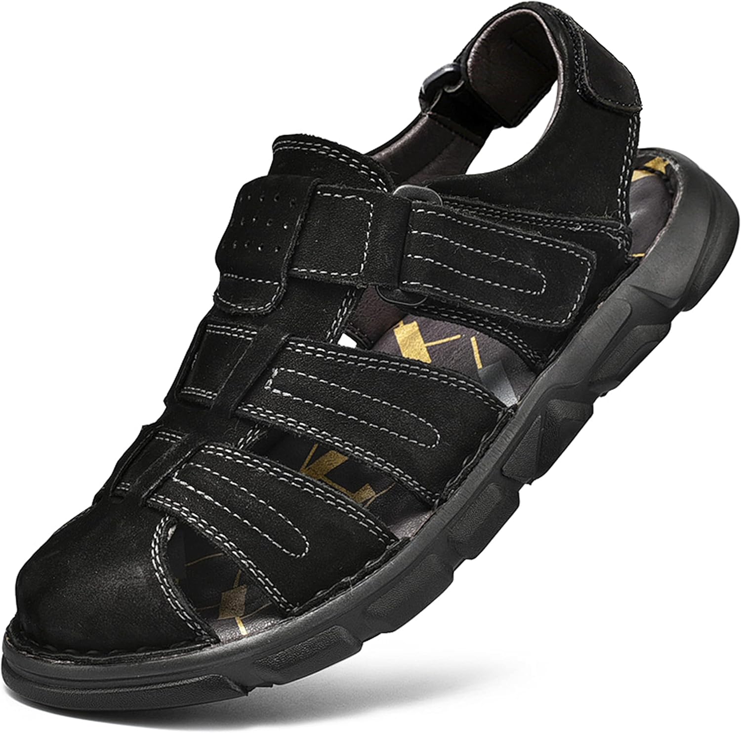 

Мужские спортивные сандалии с закрытым носком, кожаные сандалии для улицы, регулируемые летние пляжные туфли рыбака Fiyidym, черный