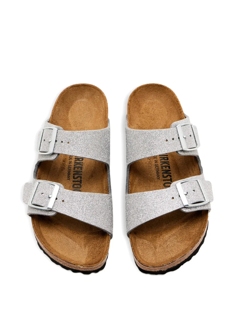 Блестящие сандалии на плоской подошве с двумя пряжками BIRKENSTOCK, серебряный — фото 3