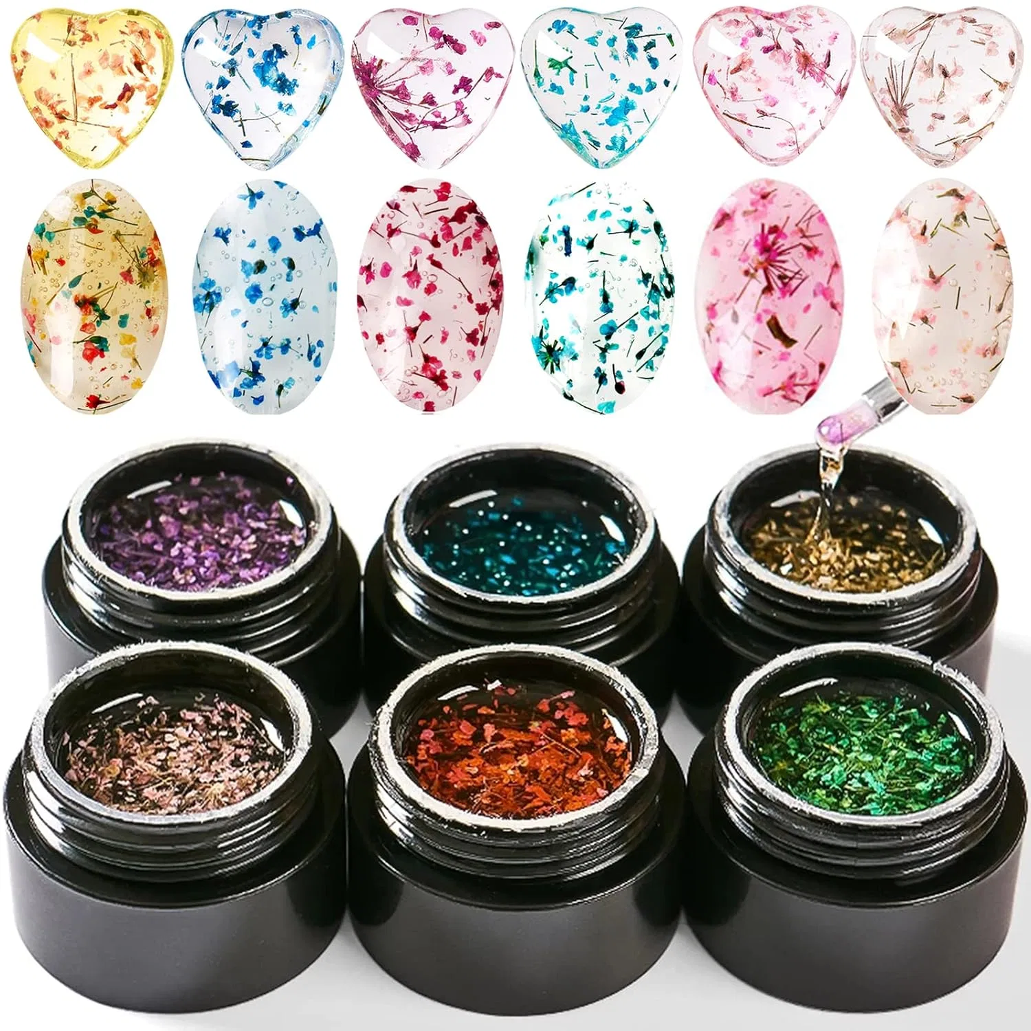 Набор гель-лаков Flower Fairy Polish с сухоцветами 6 цветов Bellecrey, Rose Gold, Pink, Green, Blue, Purple