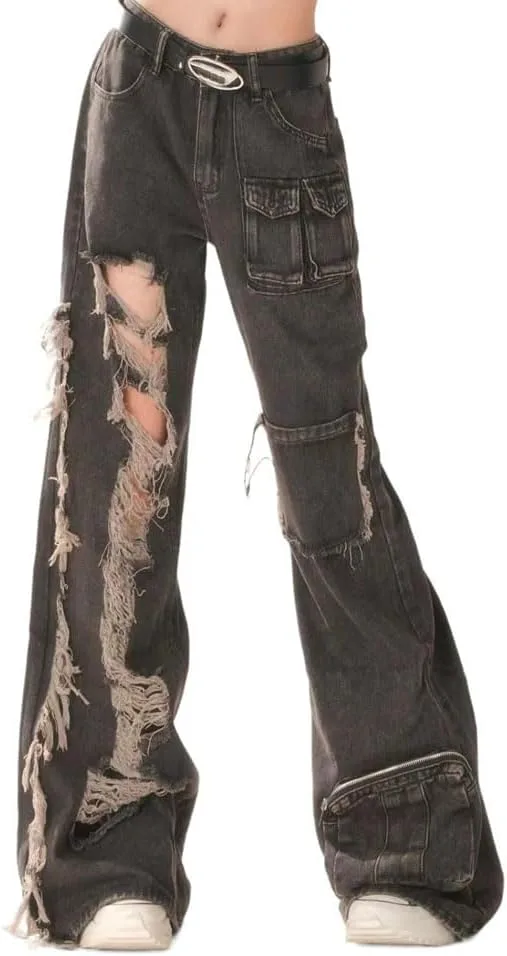 

LAFOURAM Petite Jeans для женщин 5 FT Short Wide Leg Baggy Designer Ripped Cargo Denim Pants