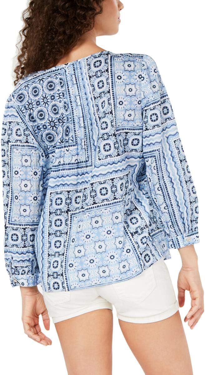Хлопковый плиссированный топ с принтом в стиле пэчворк от Tommy Hilfiger, Blue — фото 2