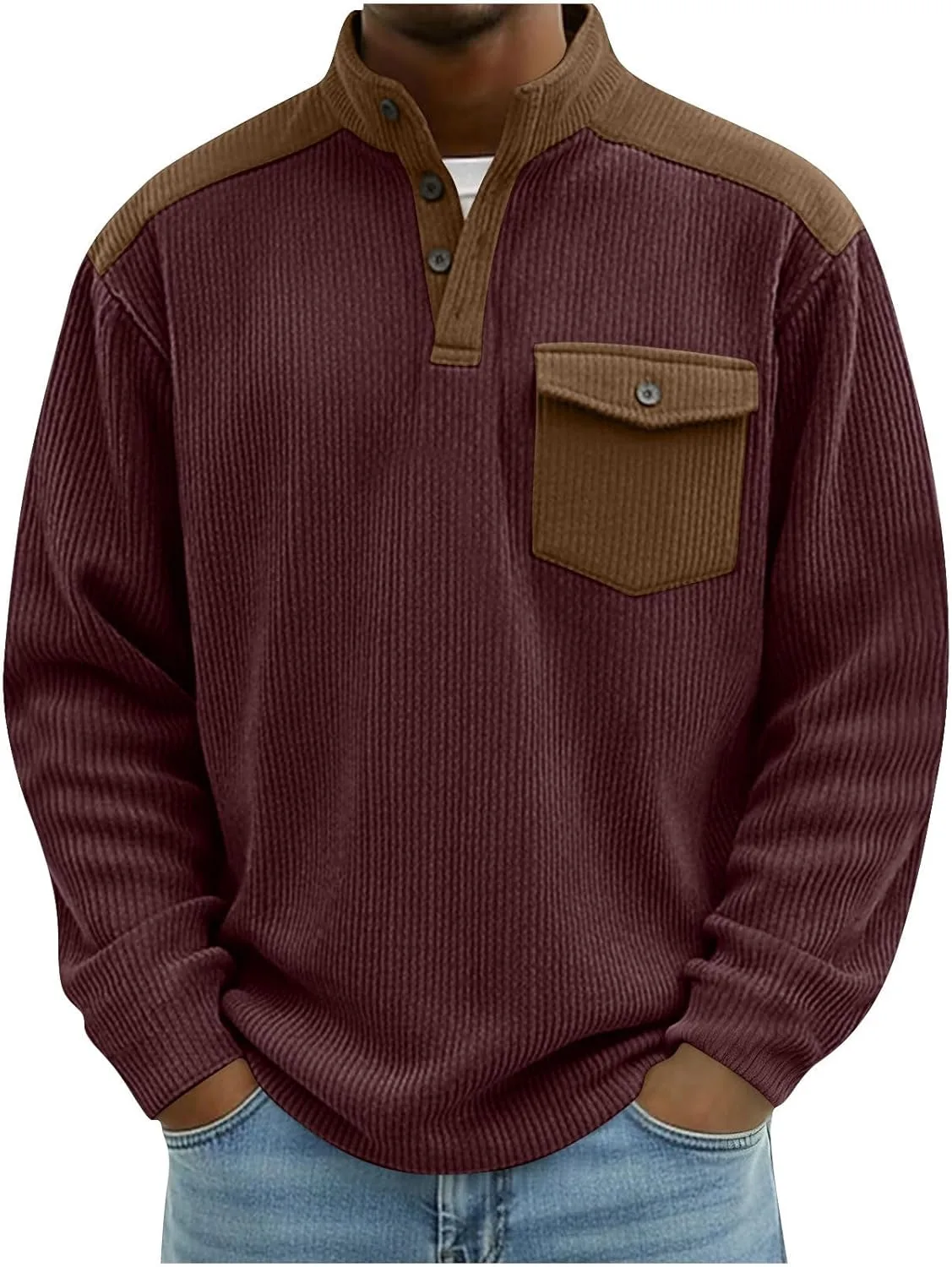 

Весенняя рубашка из вельвета для мужчин Casual Henley с отложным воротником и длинными рукавами Lmdudan