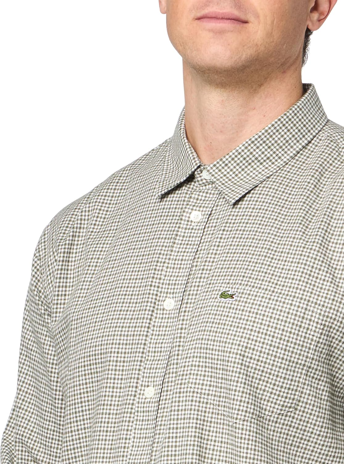 Lacoste мужская длинная рубашка в клетку Gingham на пуговицах, Khaki Popeline — фото 3