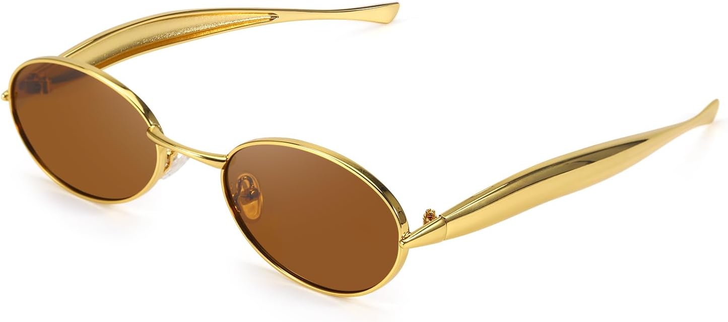 

Солнцезащитные очки SODQW Retro Oval для женщин, винтажные круглые солнцезащитные очки с золотистыми металлическими дужками, защита UV400, цвет 2025 мм, A05- Gold/Brown