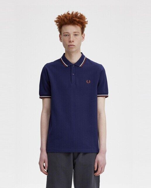 

Мужская рубашка-поло с короткими рукавами и отделкой в ​​две полоски на воротнике и манжетах Fred Perry, синий