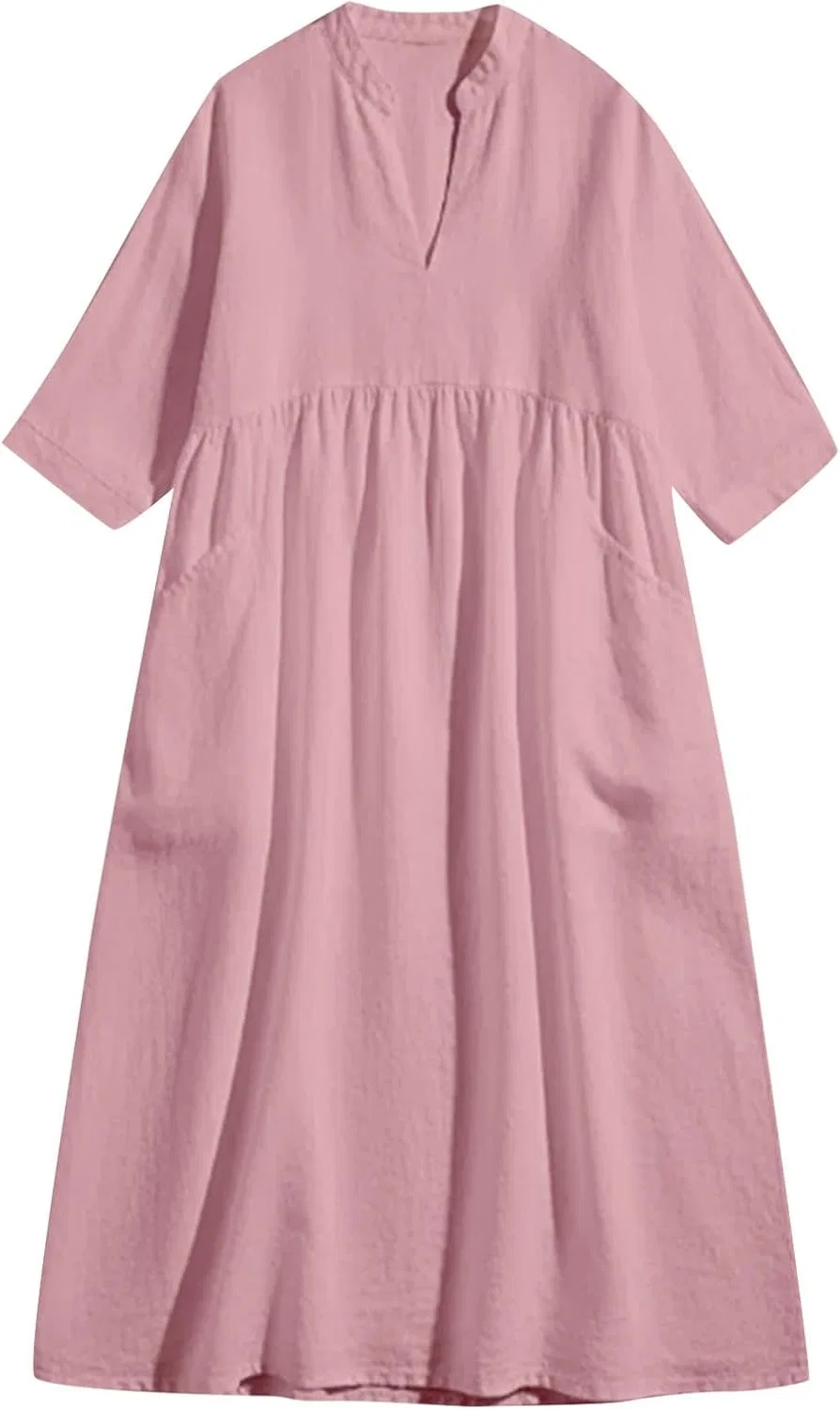 Платье женское S-3XL из хлопка и льна, плюс сайз, с рукавом 3/4 и V-образным вырезом, удобное свободного кроя, элегантное, трендовое 2026 Generic, розовый — фото 3