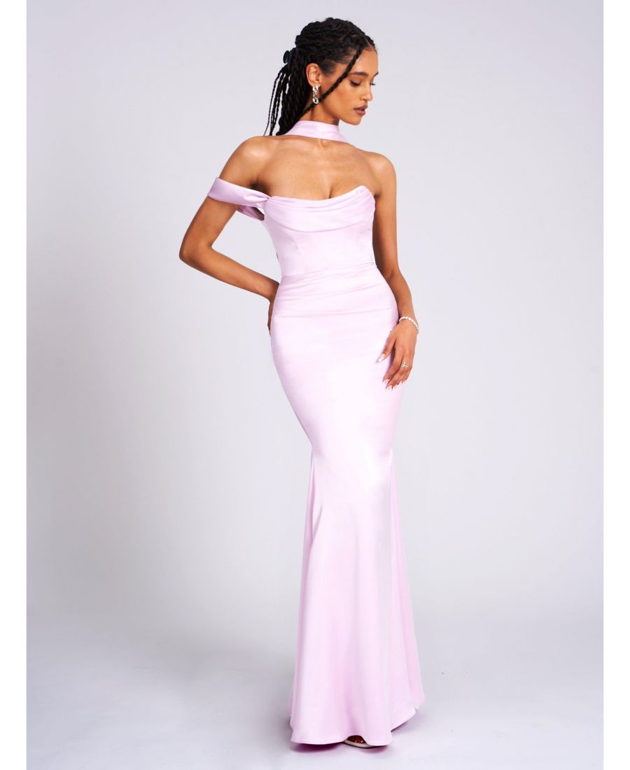 

Женское платье Ivona сиреневого цвета с воротником-халтером из двойного атласа Дюшес Miss Circle, Mauve purple