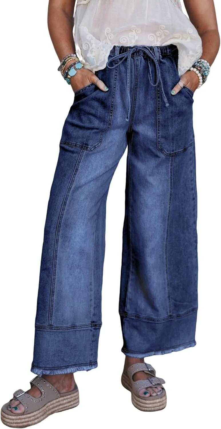 

Женские джинсы EARKOHA Beau Blue с завязками и необработанным краем