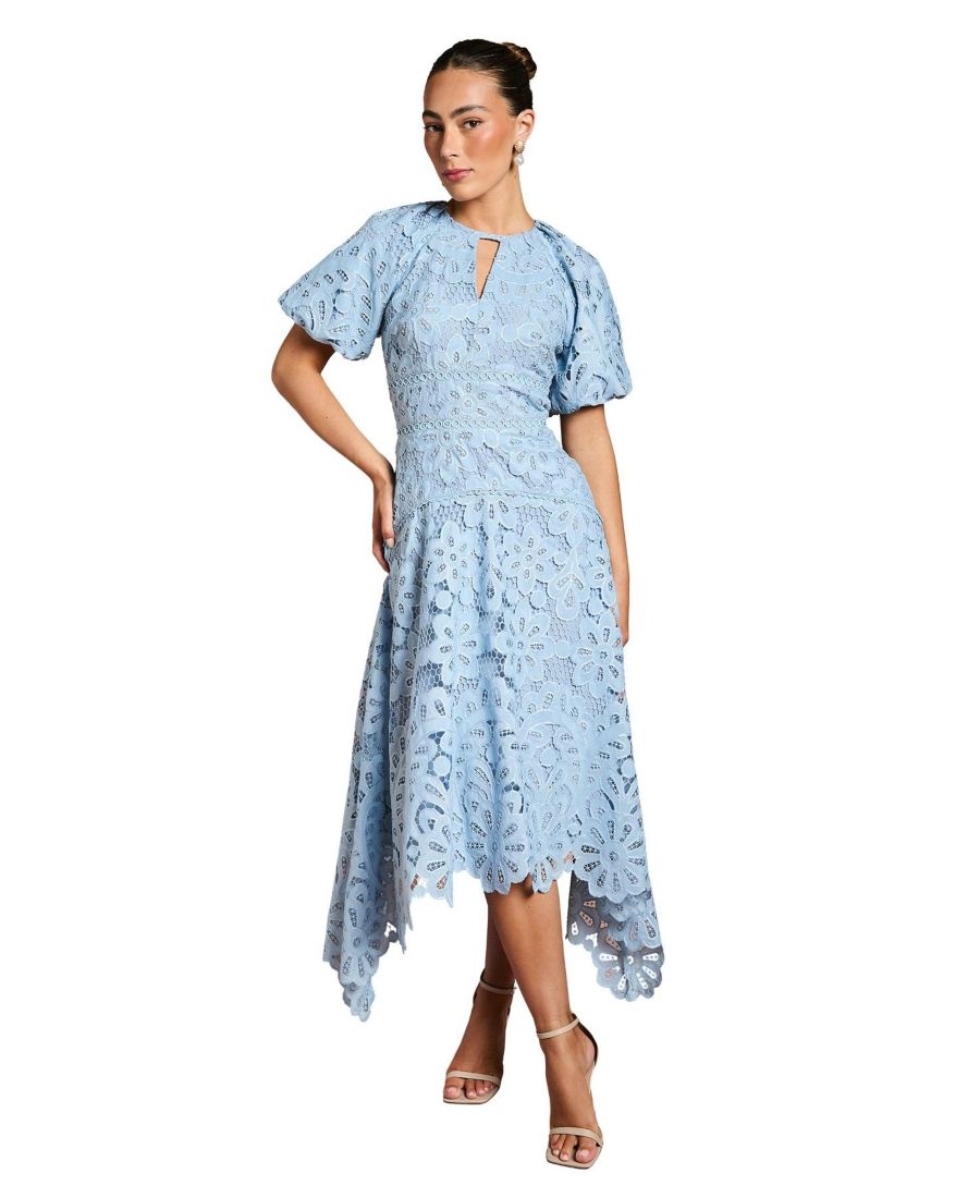 

Женское кружевное платье с асимметричным подолом и пышными рукавами Coast, Light blue
