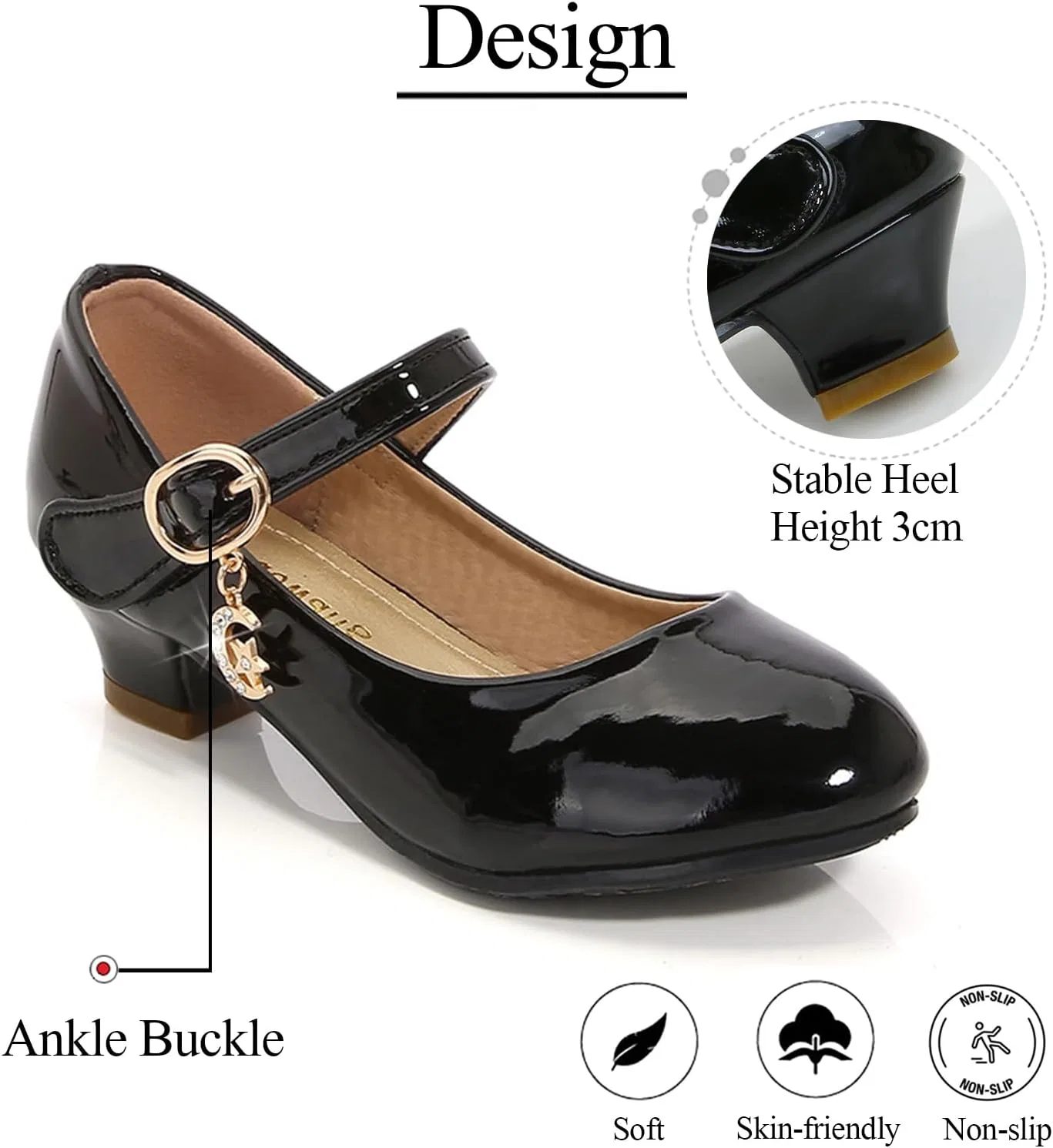 Туфли Мэри Джейн для девочек на низком каблуке, Black-patent BANGTEUO — фото 3