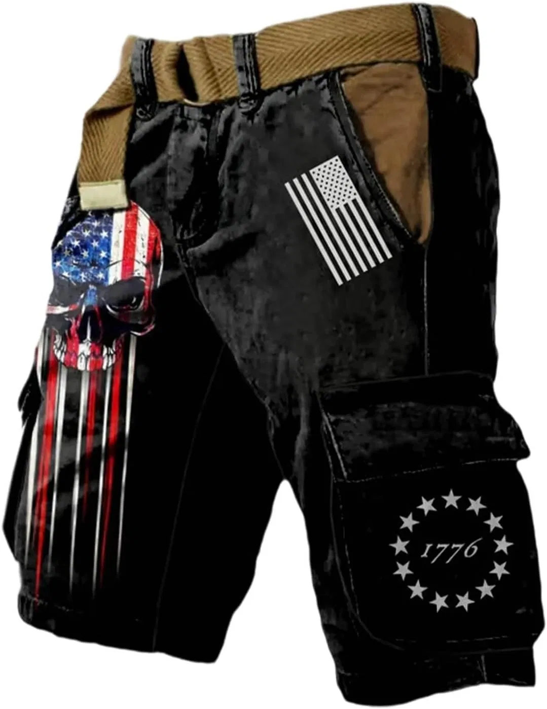 Шорты карго для мужчин, American flag, 1776-2026, черные