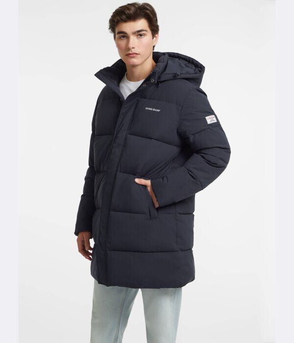 

Пуховик мужской Guess Jeans средней длины с капюшоном, синий