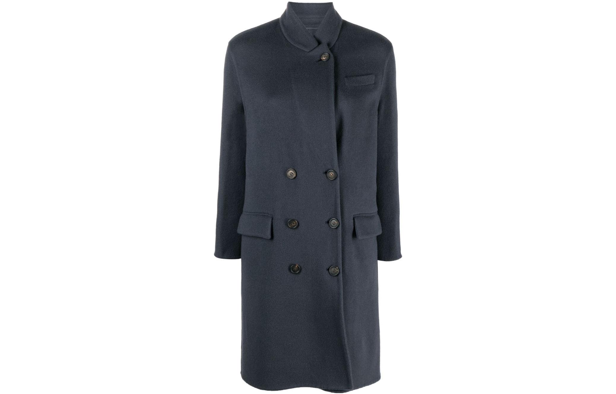 

Brunello Cucinelli Приталенное пальто на пуговицах с высоким воротником, Blue