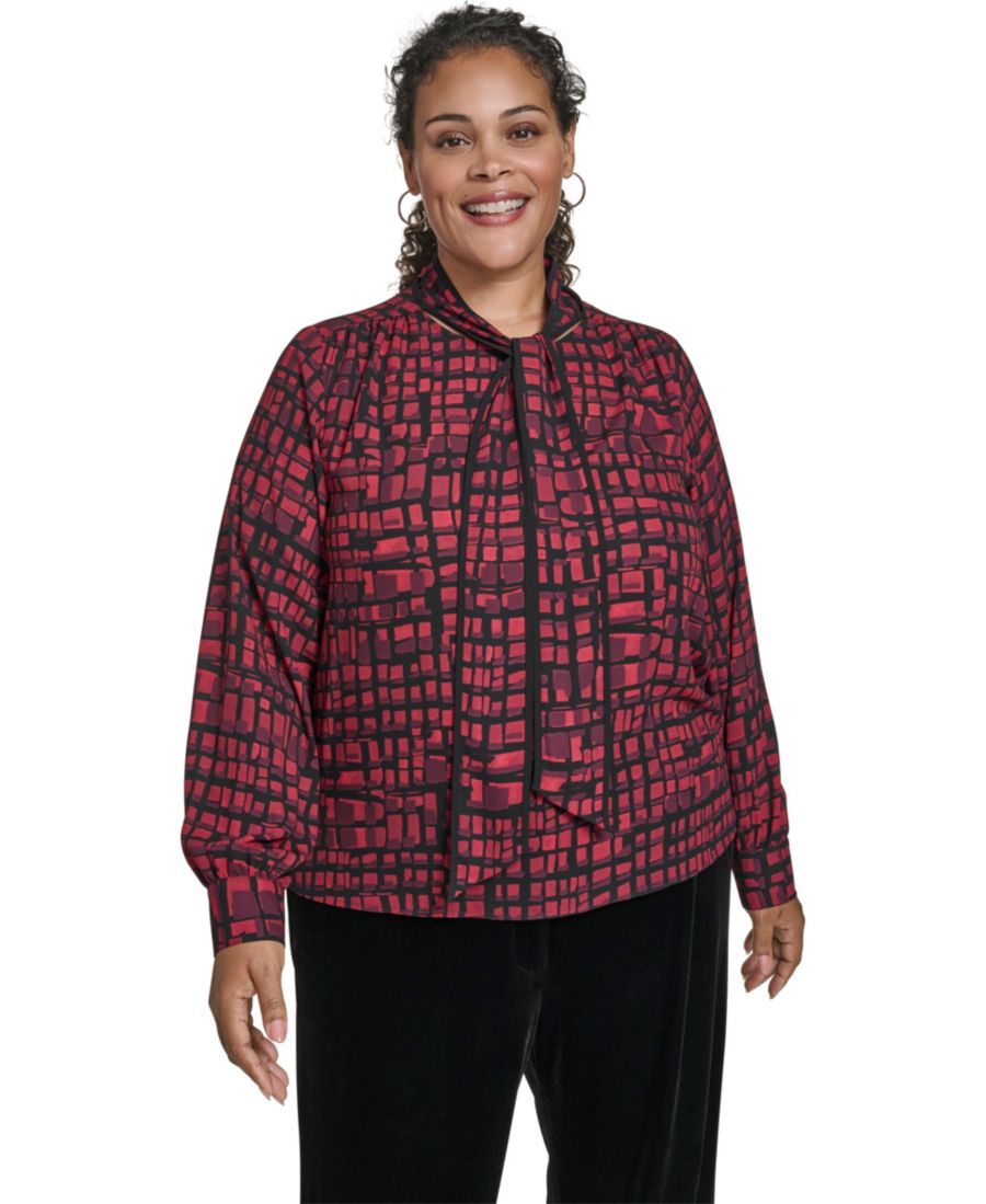 

Топ большого размера с принтом, длинными рукавами и завязками на шее Calvin Klein, Cranberry Multi